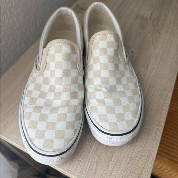 Vans Beige & White Checkerboard Slip-On Sneakers - Picture 1 of 3